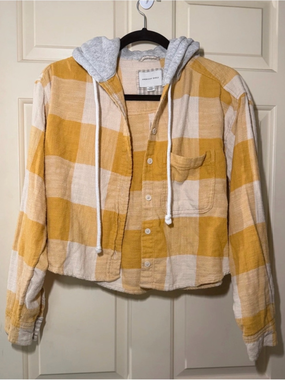 American Eagle Yellow & Cream Plaid Hooded Button-Up Shirt